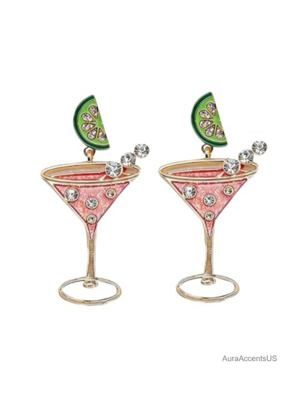 Martini Cocktail Dangle Earrings Rhinestone Lime Wedge Enamel Tropical Jewelry
